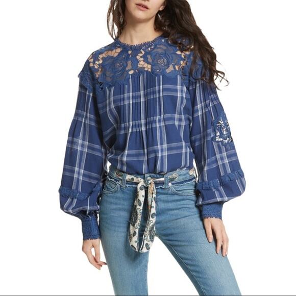 Free People S Navy Blue Darling Diana Lace Top Plaid Long Sleeve Blouse Keyhole - Picture 11 of 12